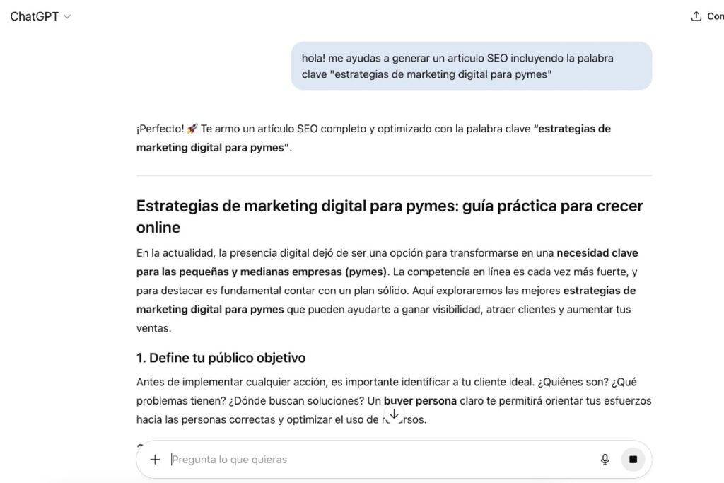Consulta realizada a ChatGPT para que nos ayude a generar un artículo.