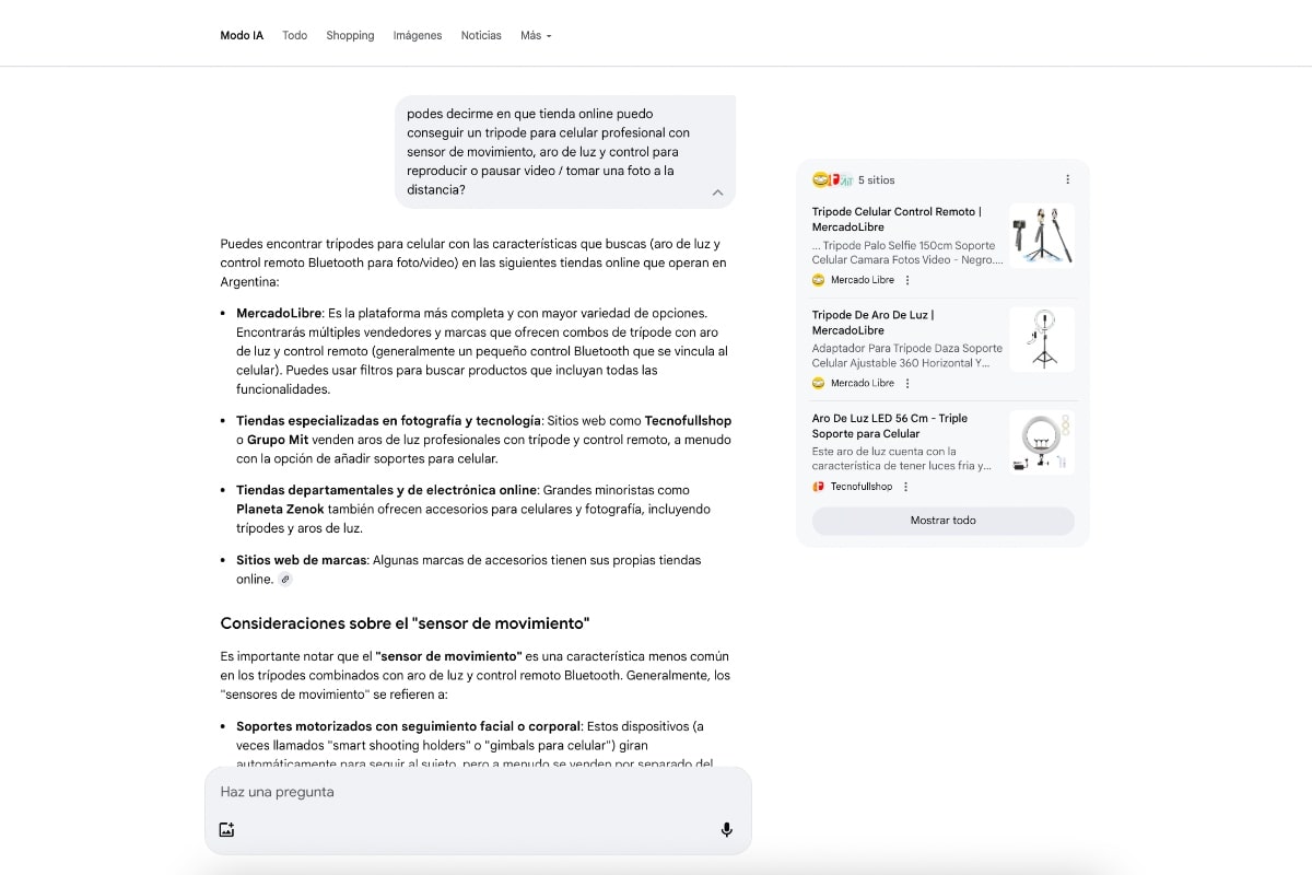 IA Mode muestra enlaces externos a las fuentes donde extrajo la información