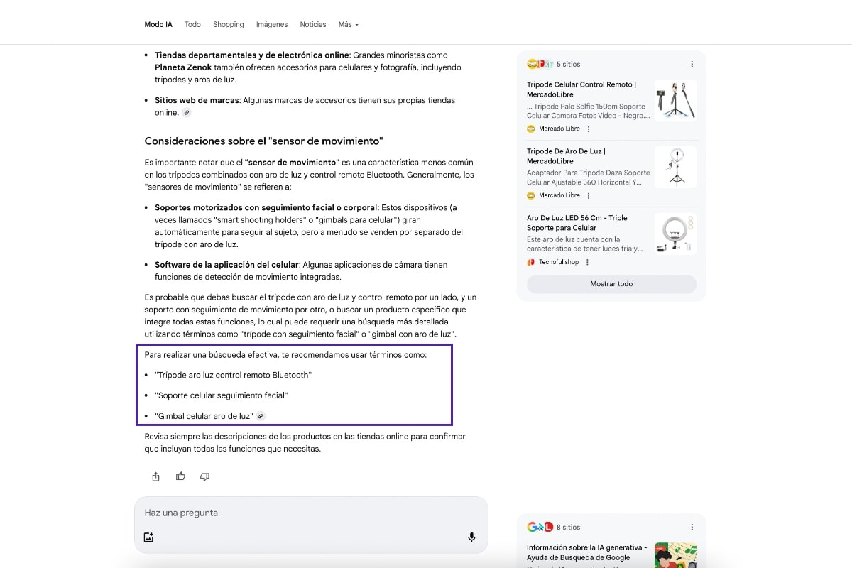 IA Mode ofrece términos para googlear y ampliar la información