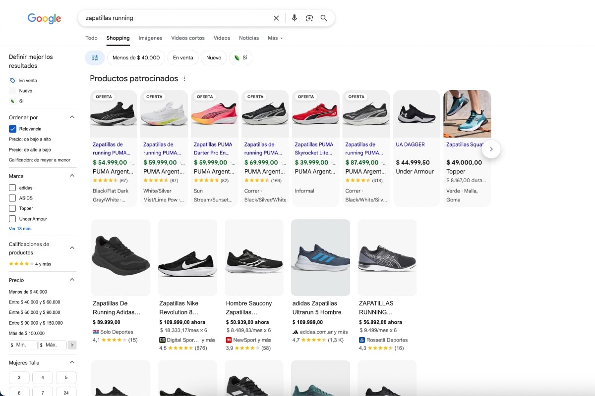 Google Shopping para la consulta "Zapatillas Running"