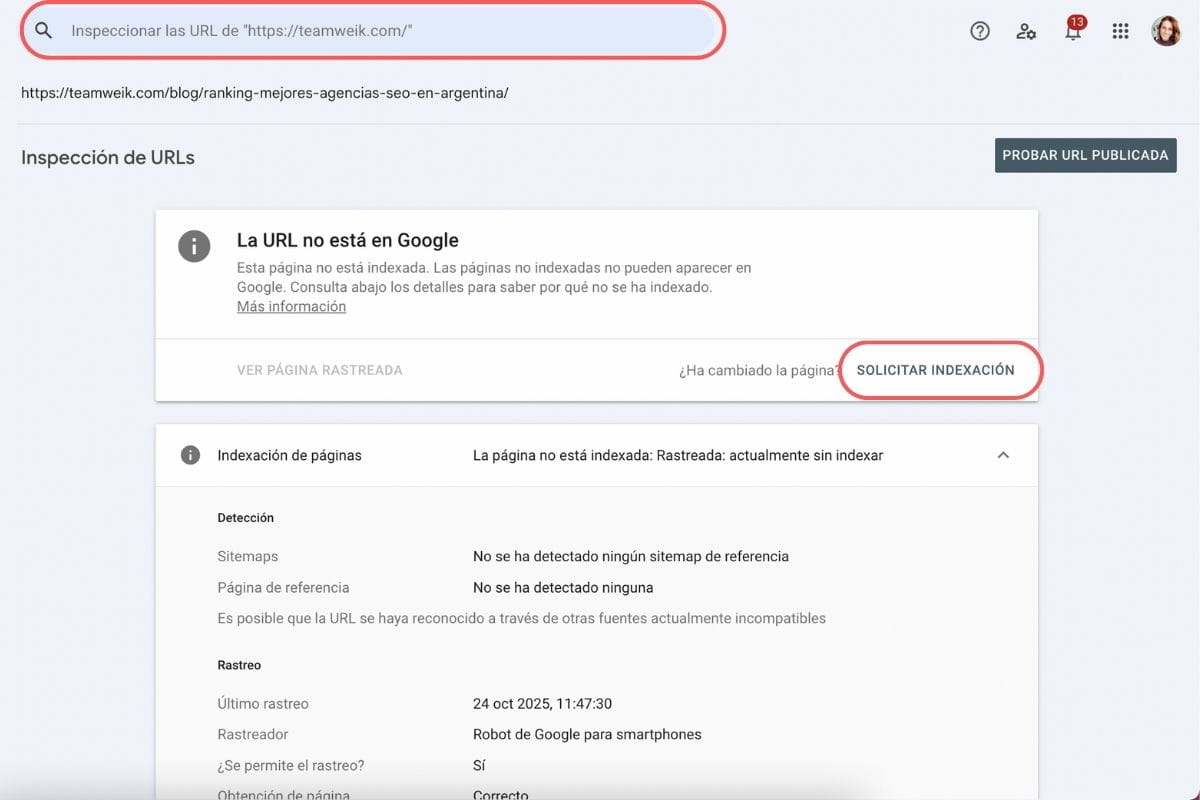 Solicitud de indexación en Google Search Console